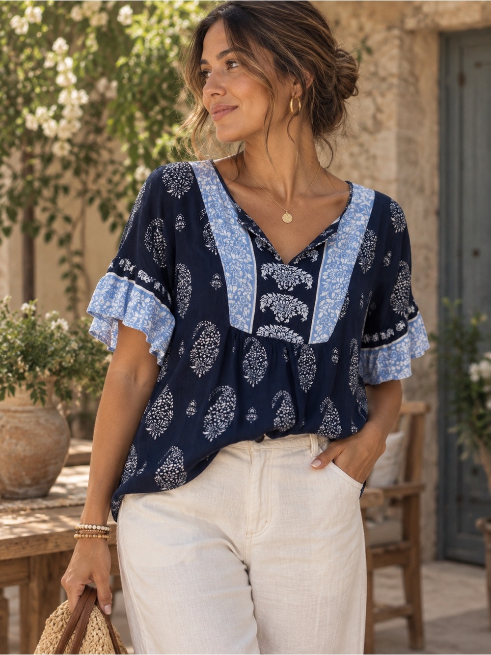 Como Vintage Navy Blue Floral V-Neck Patchwork Peasant Blouse